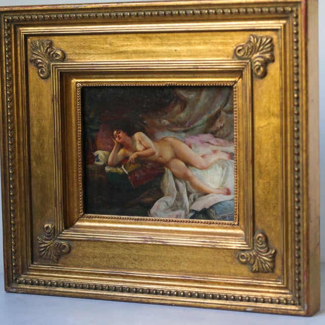 Art Nouveau Early 20th Century Henry Tucker Reclining Nude With Book Oil Painting on Board For Sale - Image 3 of 8