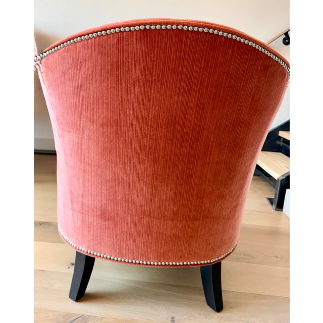 Mid-Century Modern Custom Ethan Allen Coral Velvet Barrel Lounge Chair With Nailhead Trim For Sale - Image 3 of 10