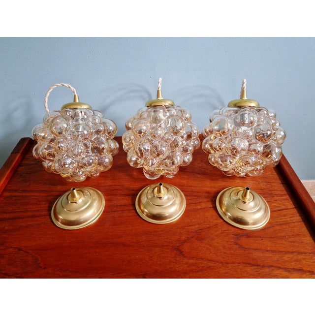 Amber Bubble Glass Pendant Lights by Helena Tynell for Glashütte Limburg, 1970s, Set of 3 For Sale - Image 15 of 16