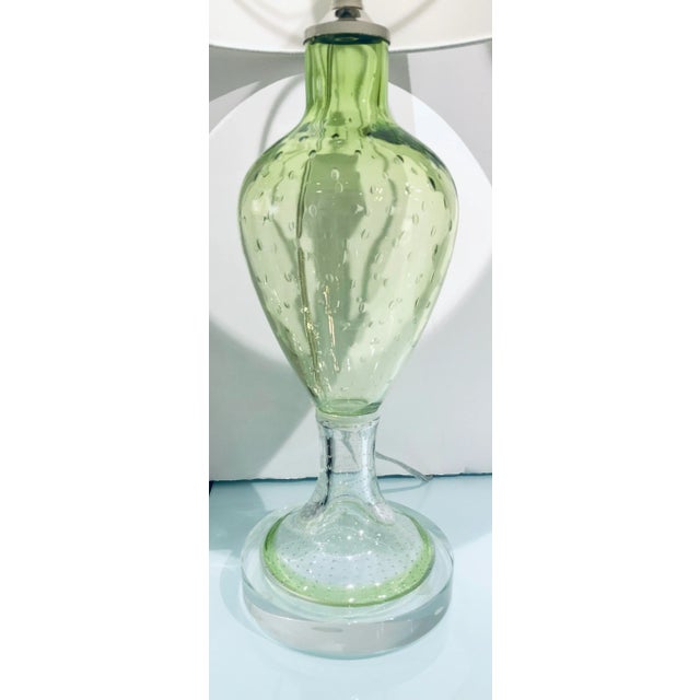 Original Retail $820, stylish Currey & Co. Modern Textured Green Glass Tessa Table Lamp, white silk shade, showroom floor...