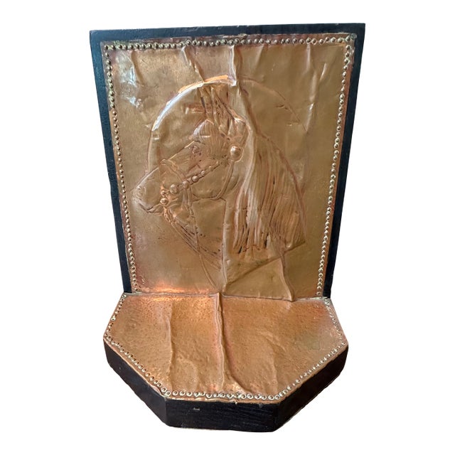 Vintage Handcrafted Pair of Equestrian Bookends With Horses of Embossed Copper on Wood, Made in England For Sale