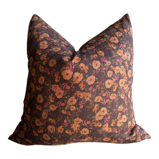 Brown Floral Linen Pillow With Brass Zipper and Down Feather Insert For Sale