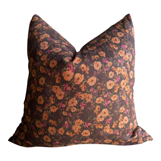 Brown Floral Linen Pillow With Brass Zipper and Down Feather Insert For Sale