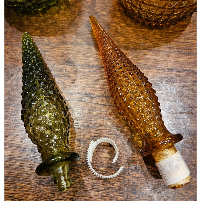 Pair of Vintage Glass Genie Bottles - Amber Diamond and Green Hobnail For Sale - Image 11 of 15