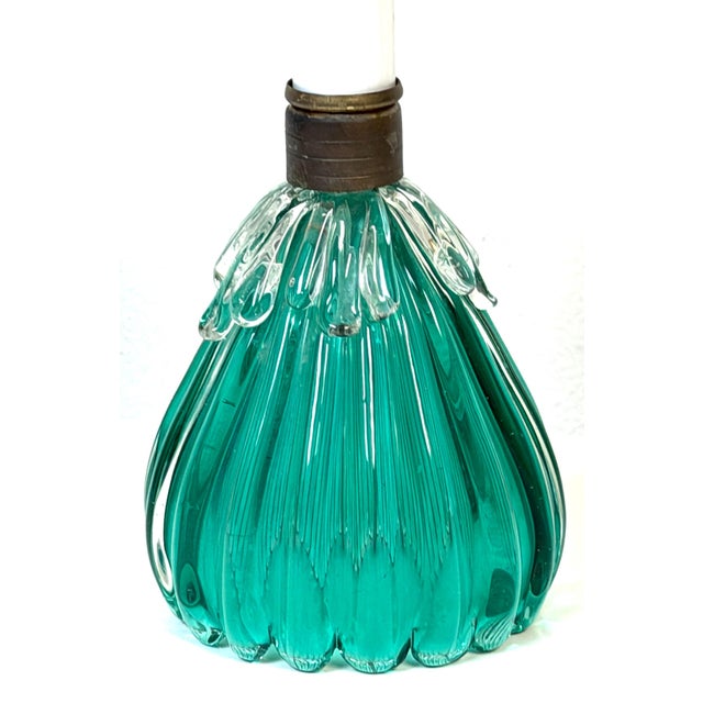 Mid 20th Century Archimede Seguso Murano Ribbed Emerald Green Glass Lamp Applied Crystal Collar For Sale - Image 9 of 16