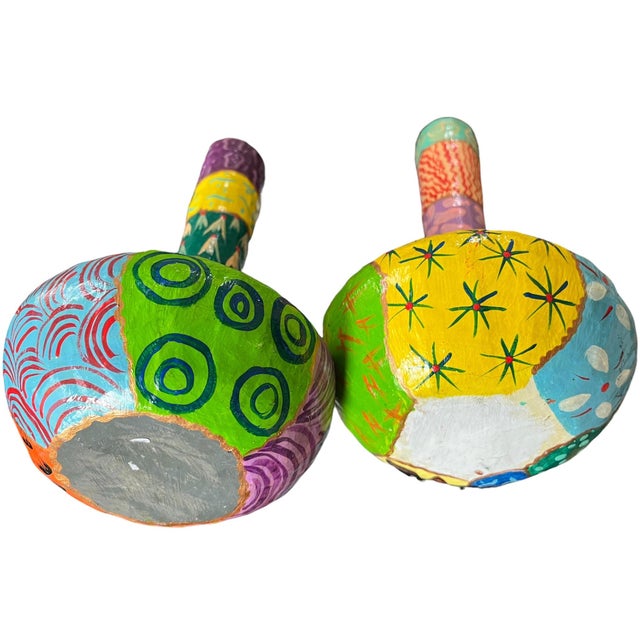 Paper Pair of Vintage Hand-Painted Papier-Mâché Vases – Colorful Folk Art, Memphis Style Patchwork Forms For Sale - Image 7 of 7