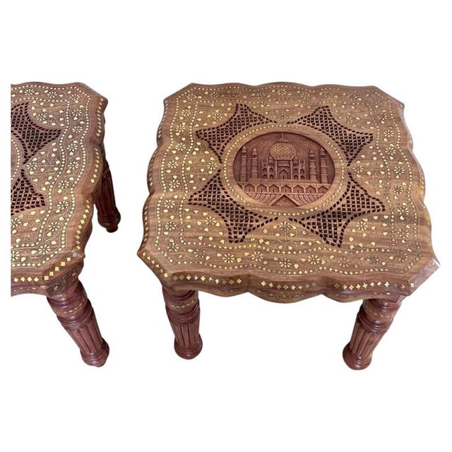 Anglo-Indian Rosewood Taj Mahal Carved and Brass Inlaid Side Tables, Set of 2 For Sale - Image 3 of 6