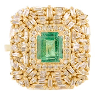 14k Gold Vintage Cocktail Ring With Emerald & Diamonds Size 5 For Sale