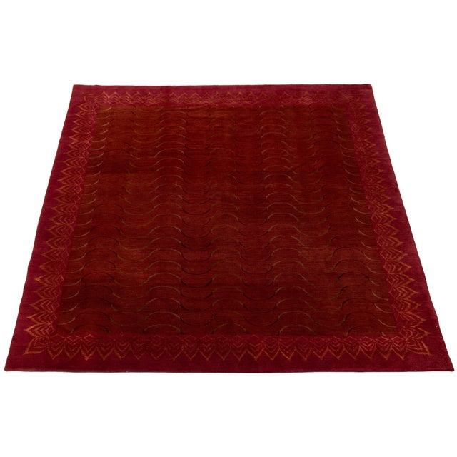 2020s Contemporary Tibetan Wool & Silk Rug in Crimson and Gold With Art Deco Boder For Sale - Image 5 of 11