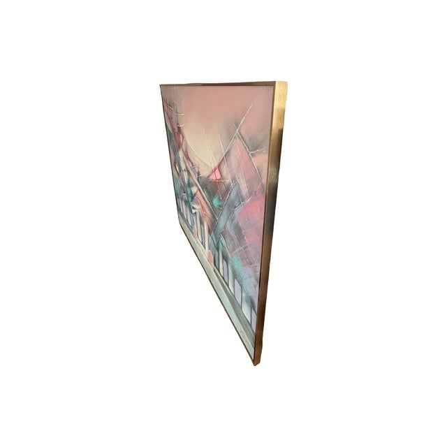 Textile Vintage Large Postmodern Abstract 1980s Memphis Lee Reynolds Wall Art Canvas Oil Painting Brass Frame 80s For Sale - Image 7 of 10
