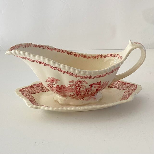 1950s Adams Mazara Red Pink Transferware Gravy Boat & Attached Underplate For Sale - Image 4 of 10