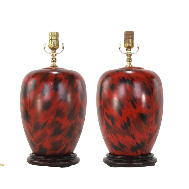 Vintage Art Deco Hand-Painted Red and Black Tortoiseshell Porcelain Table Lamps - Pair For Sale - Image 9 of 9