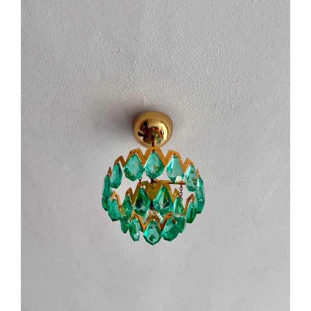 Modern 1960s Luxury Mini Brass Chandelier With Turquoise Crystal Drops, Starburst Shadow Ceiling Projection Light, Restored Antique Style Light Fixture For Sale - Image 3 of 18