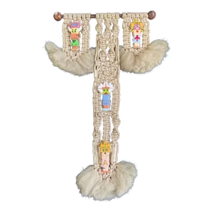 Vintage Southwest Macrame Wall Hanging With Ceramic Kachina Dolls