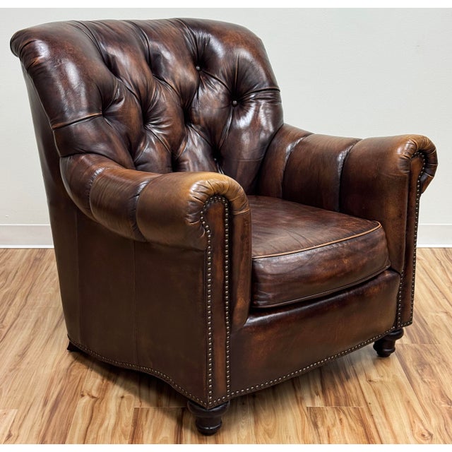 Mid 20th Century Vintage Bernhardt Tufted Leather Writers Chair With Ottoman For Sale - Image 5 of 18
