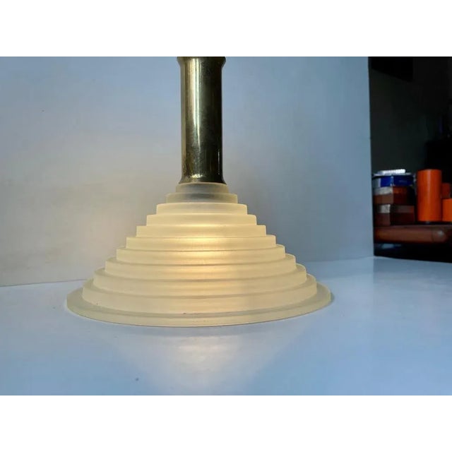 Italian Art Deco Revival Pendant Lamp in Brass and Glass, 1970s For Sale - Image 3 of 9