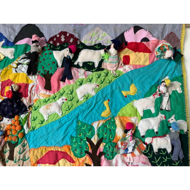 1980s Vintage " Orange Harvest - Landscape " Peruvian Folk Art Hand Embroidery Wall Tapestry For Sale - Image 5 of 12