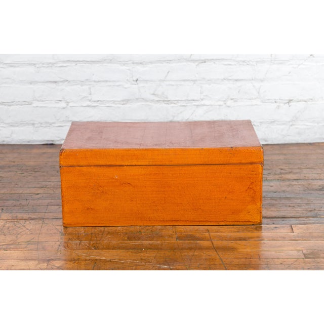 Chinese Antique Leather and Brass Trunk with Original Lacquer and Calligraphy For Sale - Image 4 of 13