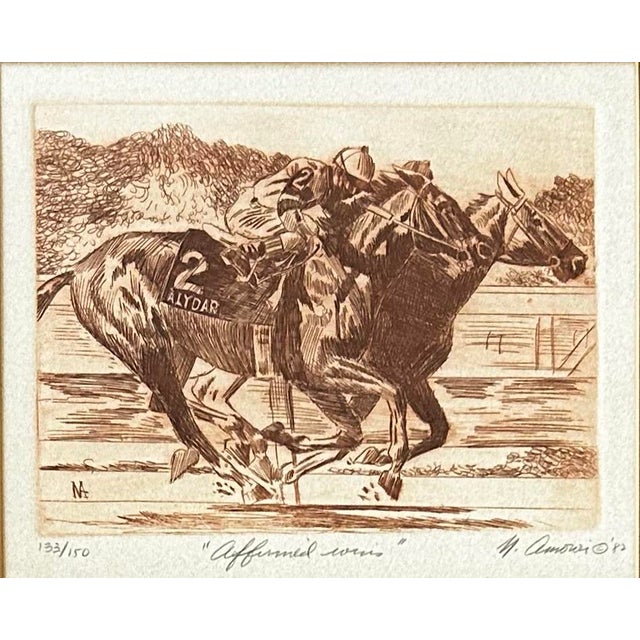 American Vintage 1982 Original Etching of Legendary Race Horse “Affirmed” in a Race For Sale - Image 3 of 6