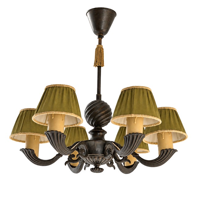 Model 10785 Chandelier in Patinated Metal by Harald Notini for Böhlmarks, Sweden, 1930s For Sale