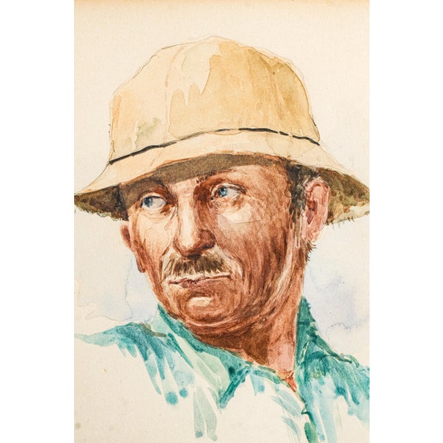 Framed Mid-Century Figurative Vintage Artwork Watercolor Painting Portrait of a Man Mustache Hat For Sale - Image 4 of 12