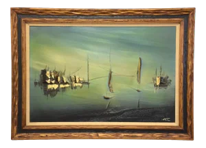 Oil on Canvas Painting Shipyard Scene Signed Ivan