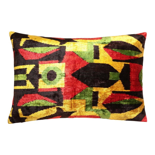 Handmade Velvet Ikat Lumbar Pillow 16x24 | Multicolor Geometric For Sale