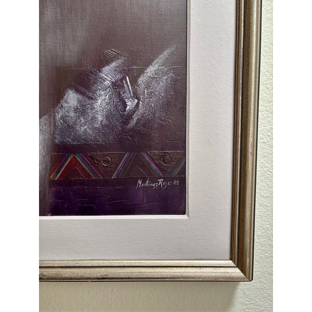 Framed oil on canvas by South American painter Martinez-Rojas. Original antique silver finish wood frame. Metal tag on...