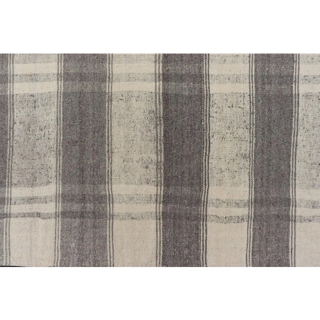 Cream Large Vintage Hand Woven Turkish Kilim Rug With Stripes in Gray, White & Cream For Sale - Image 8 of 12