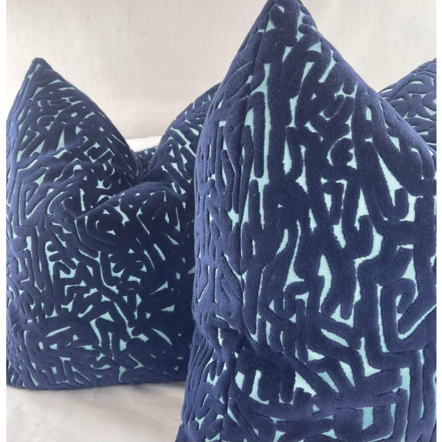 Transitional Abstract Cut Velvet in Navy on Aqua 22" Pillows-A Pair For Sale - Image 3 of 3