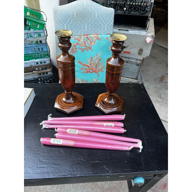 1970s 1970s Country Core Pair of Wooden Candleholders and Pink Candles For Sale - Image 5 of 11