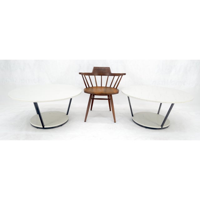 Metal Pair Mid Century Modern Round Marble Top Large 35" Diameter Side End Tables For Sale - Image 7 of 9