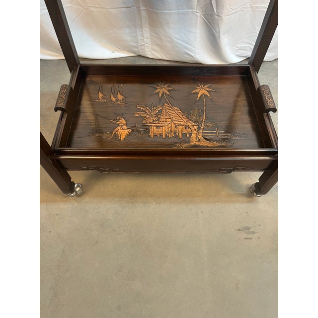 Asian Mid 20th Century Asian Collapsible Wooden Butler’s Tray Two Tiered Table For Sale - Image 3 of 12