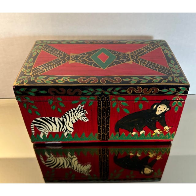 Vintage Wood & Paper Mache Hand Painted Safari Style Dresser Box ~ Monkeys & Zebras For Sale In Philadelphia - Image 6 of 8