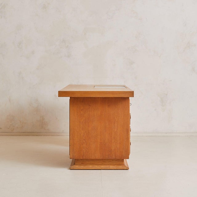 French Oak Architect’s Desk with Inset Glass Top, 1950s For Sale In Chicago - Image 6 of 11