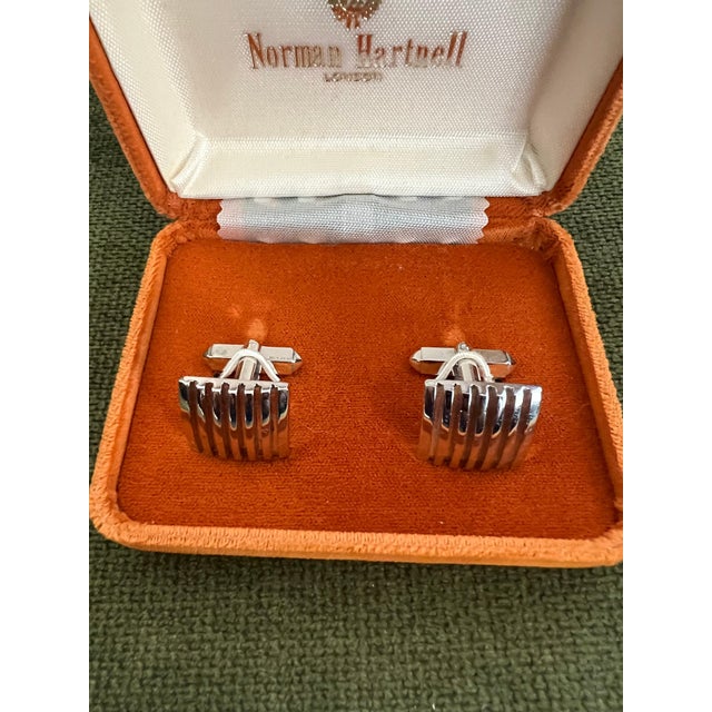 Mid 20th Century Sir Norman Hartnell Vintage Silver Plated Cufflinks In Original Velvet Case For Sale - Image 5 of 18