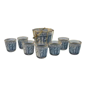 Mid-Century Neoclassical Blue & Gold Drink Set - 8 Pieces