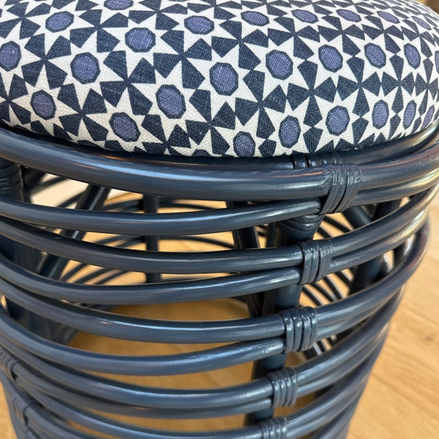Custom Blue Rattan Stool/Ottoman With Schumacher Fabric Cushion For Sale - Image 4 of 8