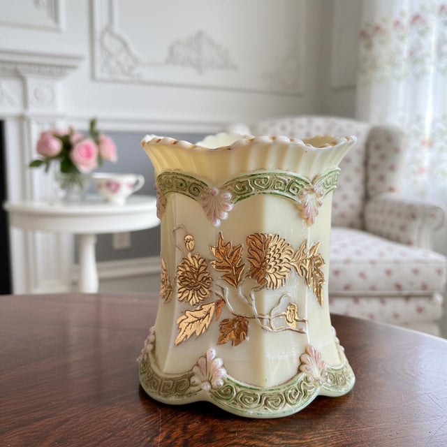 Victorian Antique Northwood Chrysanthemum Sprig Custard Glass Spooner-Uranium Art Glass For Sale - Image 3 of 9