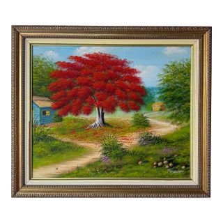 2000’s Francisco Lopez “Framboyan Tree” Countryside Landscape Oil on Canvas Painting, Wood Framed For Sale