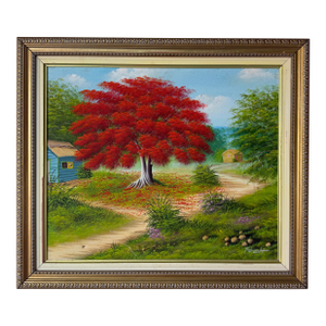 2000’s Francisco Lopez “Framboyan Tree” Countryside Landscape Oil on Canvas Painting, Wood Framed