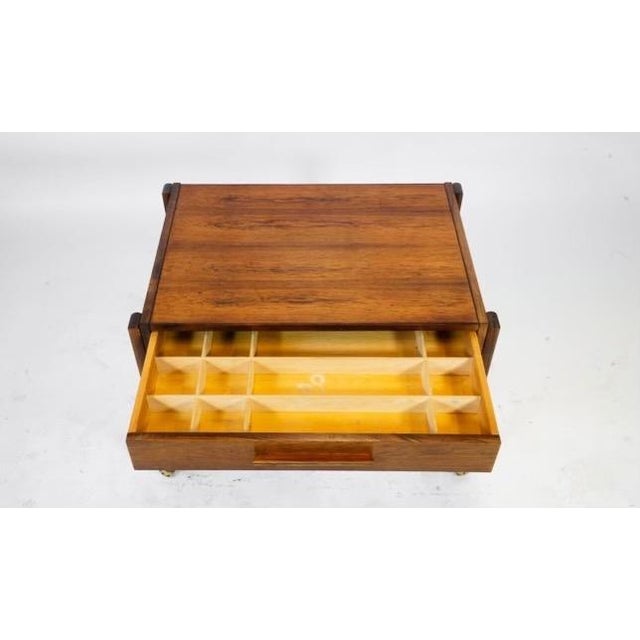 Mid 20th Century Near Pair of Danish Modern Sewing /Side Tables With Woven Baskets in the Style of p.j. Møbler – Rosewood & Teak For Sale - Image 10 of 11
