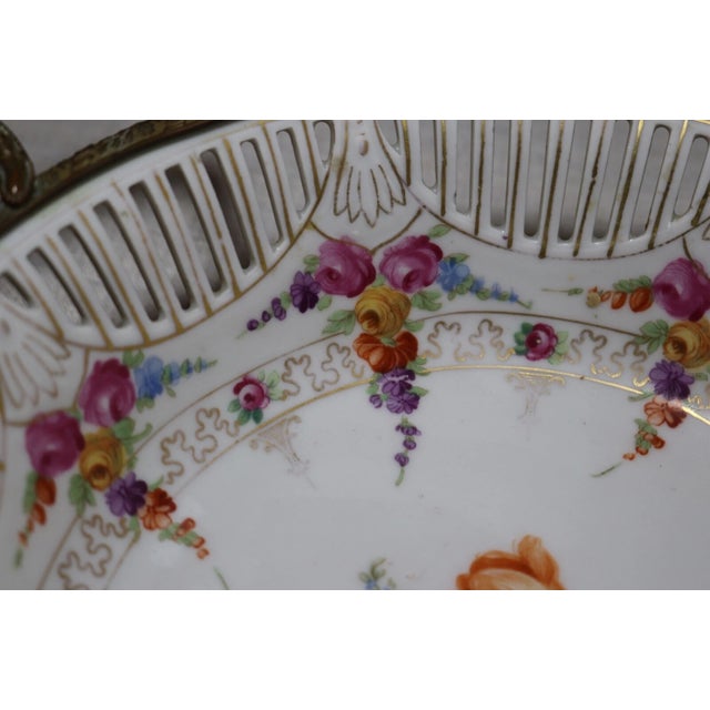 Metal Antique Schumann Bavaria Bronze Mounted Porcelain Reticulated Floral Bowl Dish For Sale - Image 7 of 12