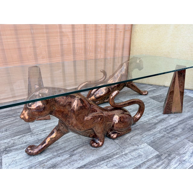 1970s Hollywood Regency Mottled Bronze Ceramic Panthers Pedestal Coffee Table. Circa 1970s For Sale - Image 5 of 15