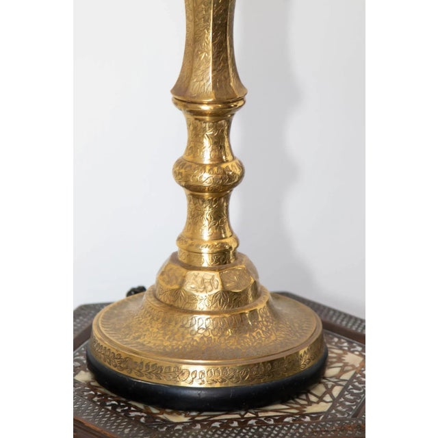 Brass Vintage Polished Etched Brass Candle Holder Table Lamp India 1950 For Sale - Image 8 of 18