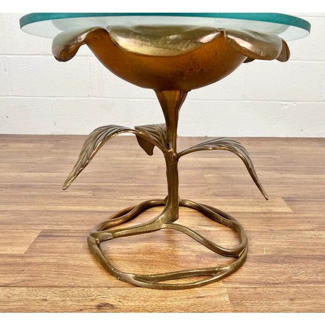 Vintage Walker Foundry Hollywood Regency Style Aluminum Gold Decorated Dogwood Table with Glass For Sale - Image 4 of 11