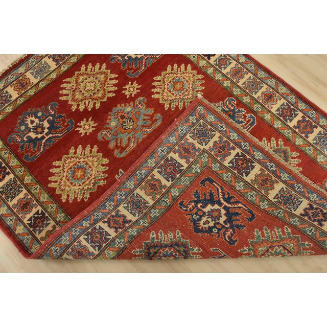 Kazak Rug 3’11” X 5’3” Red Wool Tribal Hand-Knotted Oriental Carpet For Sale - Image 11 of 12