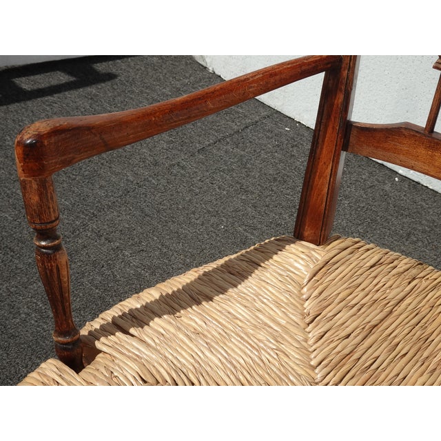 Wood Pair of Vintage Rustic French Country Rush Seat Wheat Sheaf Arm Chairs ~ Dark #3 For Sale - Image 7 of 16