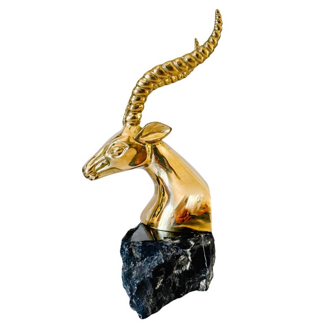 Brass 1970s Hollywood Regency Brass Gazelle / Antelope Head Bookends on Raw Edge Marble Bases - A Pair For Sale - Image 8 of 12