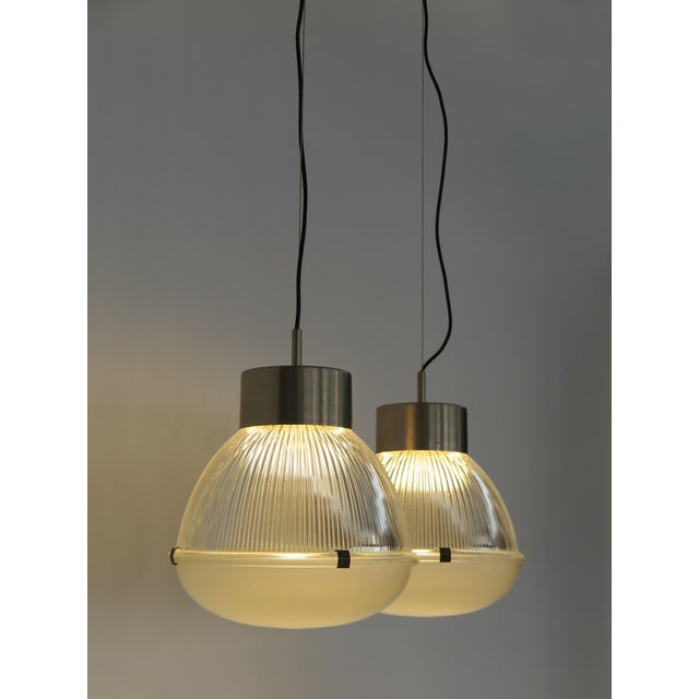 Tito Agnoli Italian Metal Glass Pendant Lamps attributed to Tito Agnoli for Oluce, 1950s, Set of 2 For Sale - Image 4 of 15